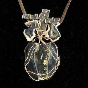 Large Agate Wrapped 4” Pendant Necklace Leather Gold Filled Wire Brutalist Style